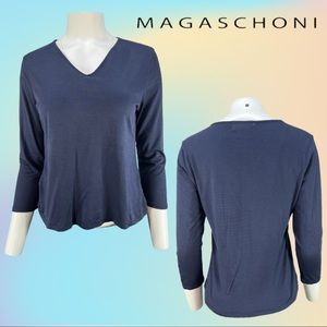 Navy Blue MAGASCHONI 3/4 Sleeve V Neck 95% Silk 5% Spandex Top Sz Petite Medium